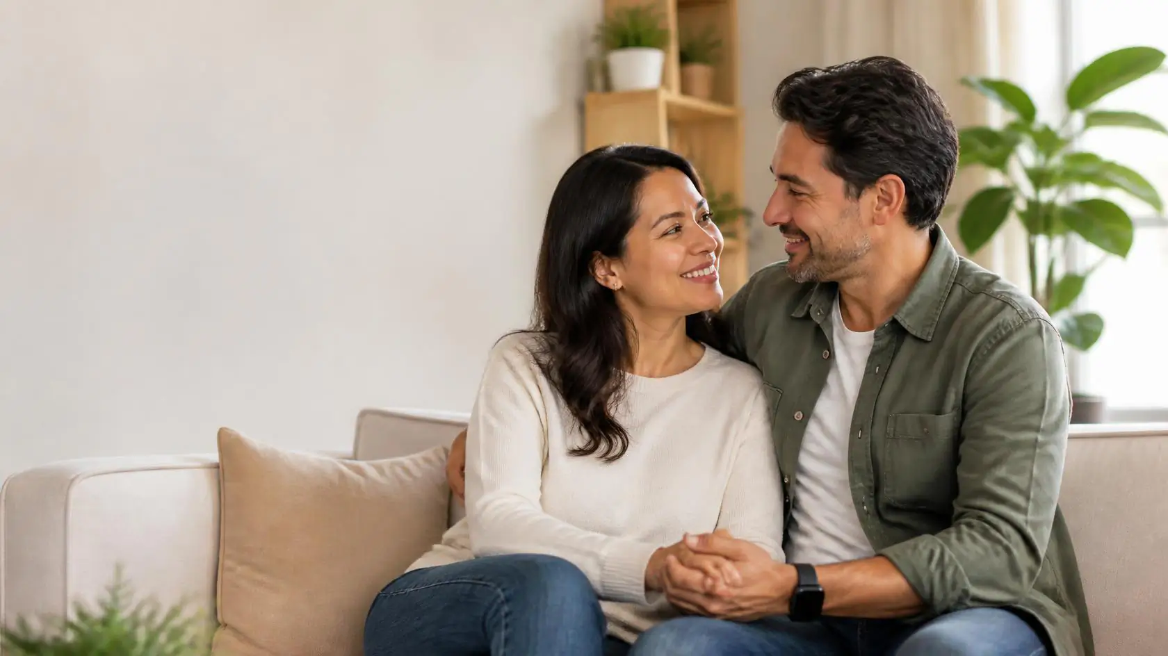 Pareja adulta sonriendo y tomada de las manos en un sofá, en un ambiente cálido y luminoso
